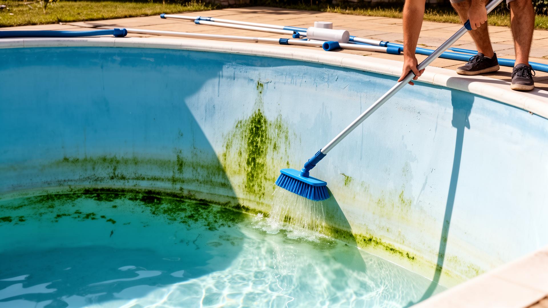Persona cepillando con un cepillo telescópico las paredes de una piscina con algas adheridas