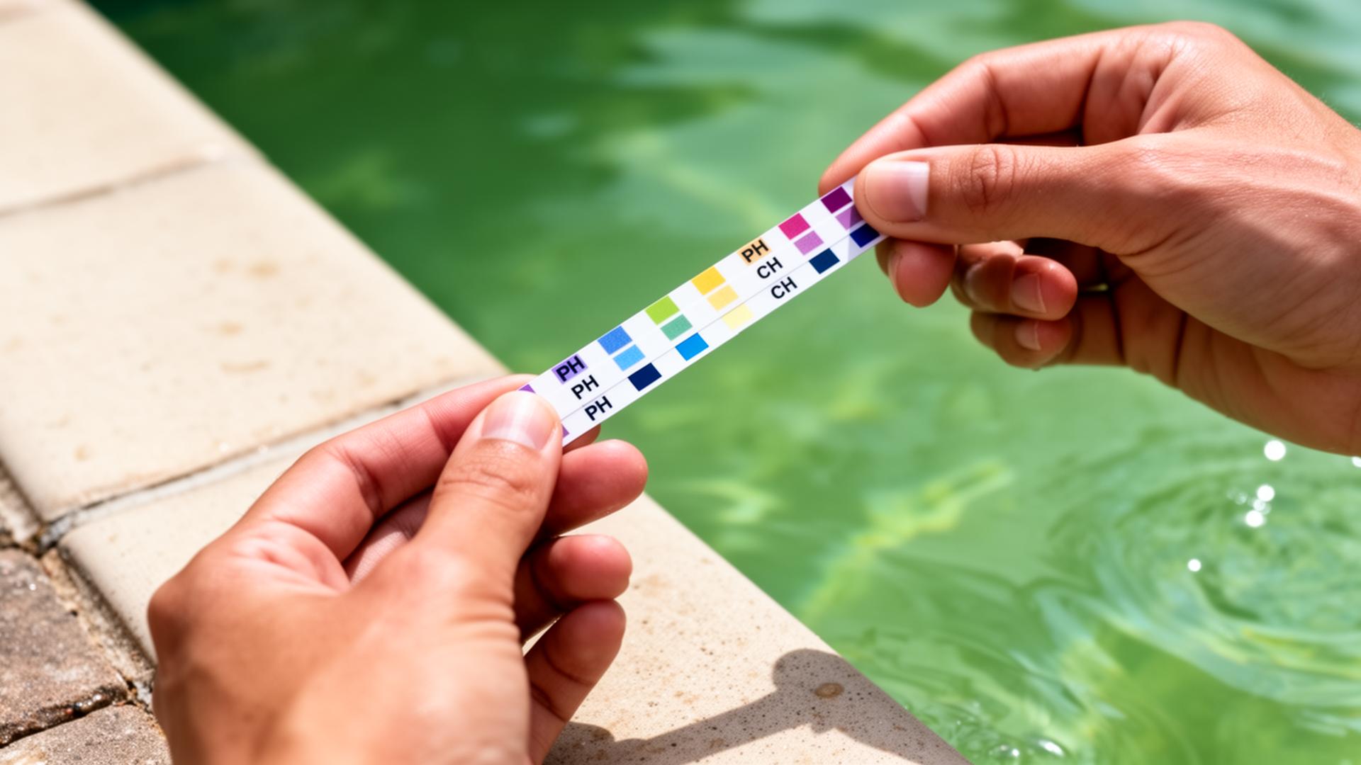 Manos sosteniendo una tira de test de pH y cloro junto al borde de una piscina con agua verdosa