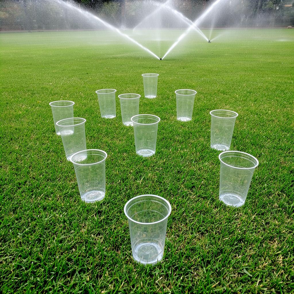 Vasos transparentes colocados sobre el césped para medir la uniformidad del riego con aspersores funcionando al fondo