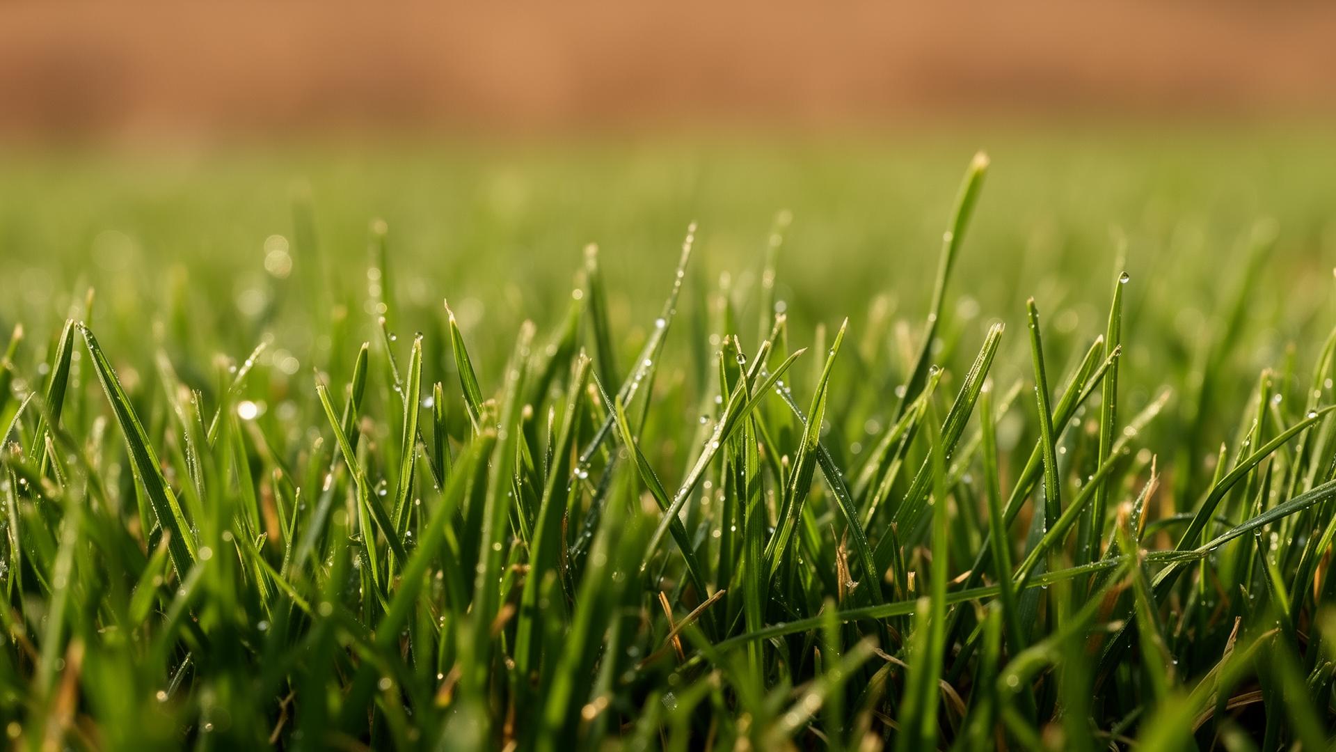 Detalle macro de hojas de césped recién cortadas a unos 5-6 centímetros con gotas de rocío