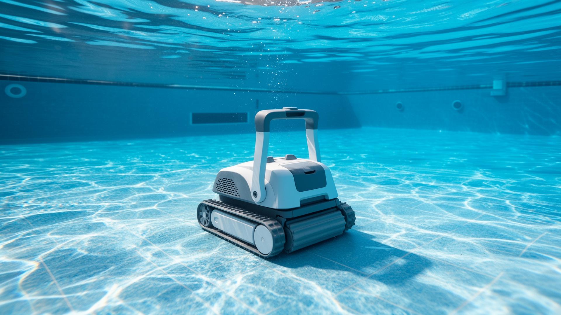 Robot limpiafondos eléctrico trabajando de forma autónoma sobre el fondo de una piscina