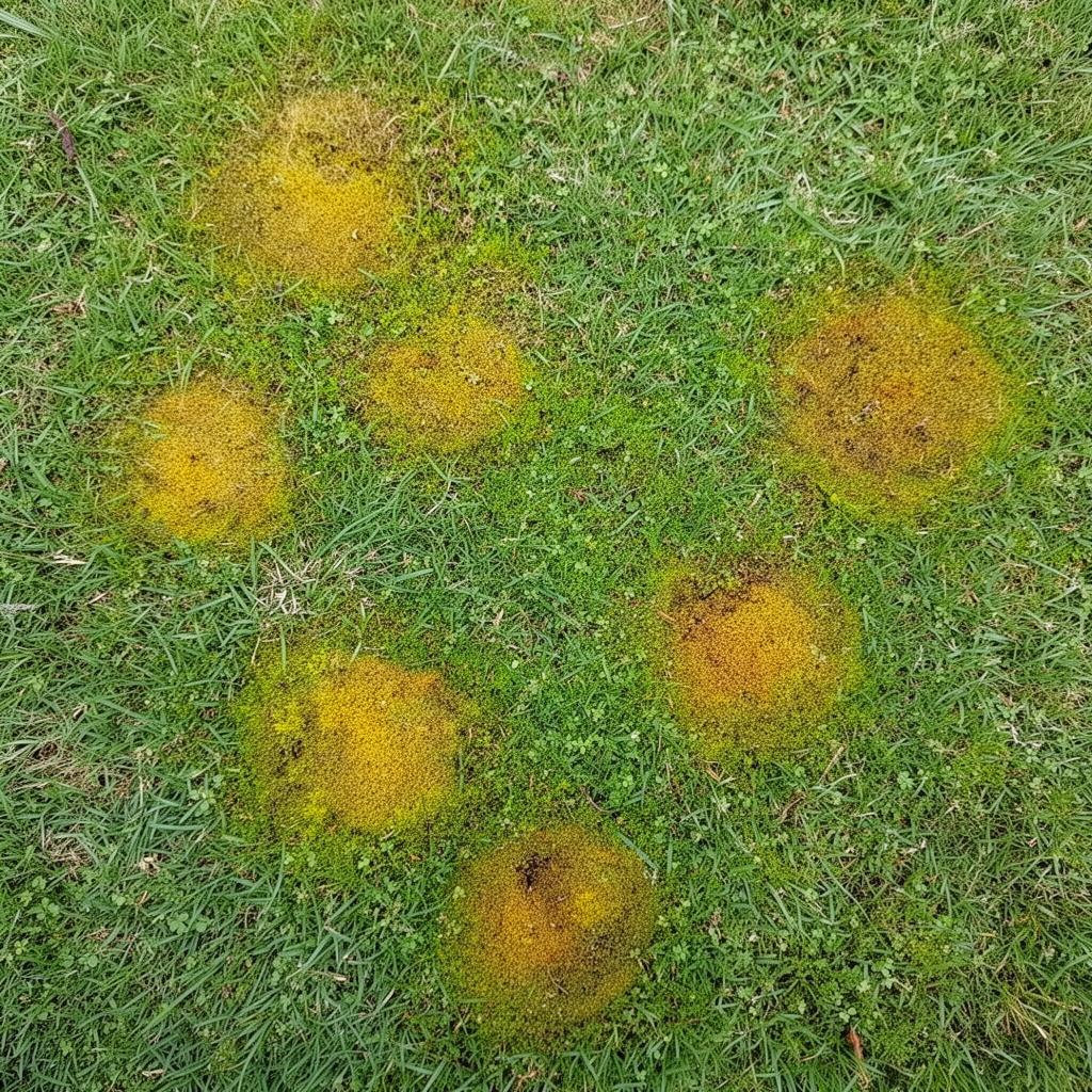 Manchas circulares amarillentas y musgo verde sobre un césped doméstico con apariencia de exceso de humedad