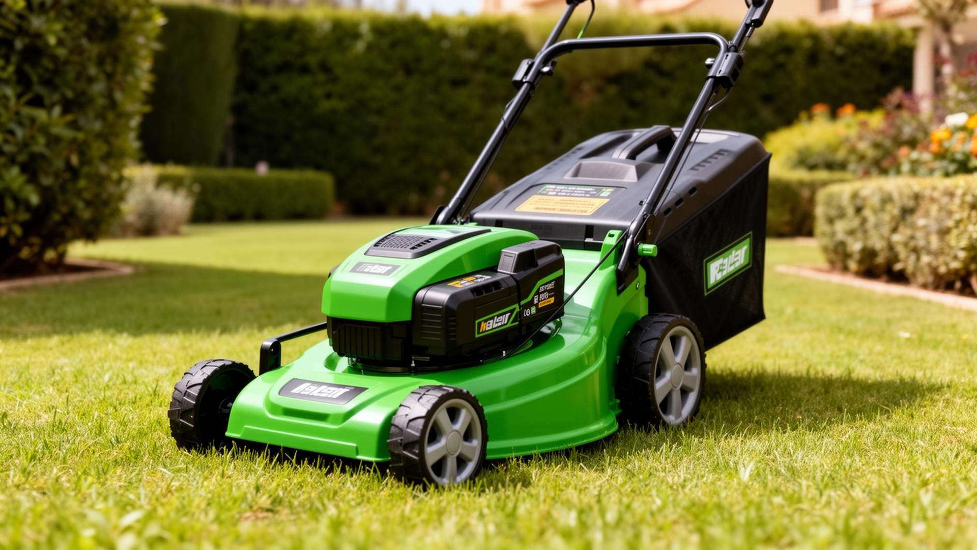 Cortacésped de batería verde sobre césped en un jardín mediano residencial