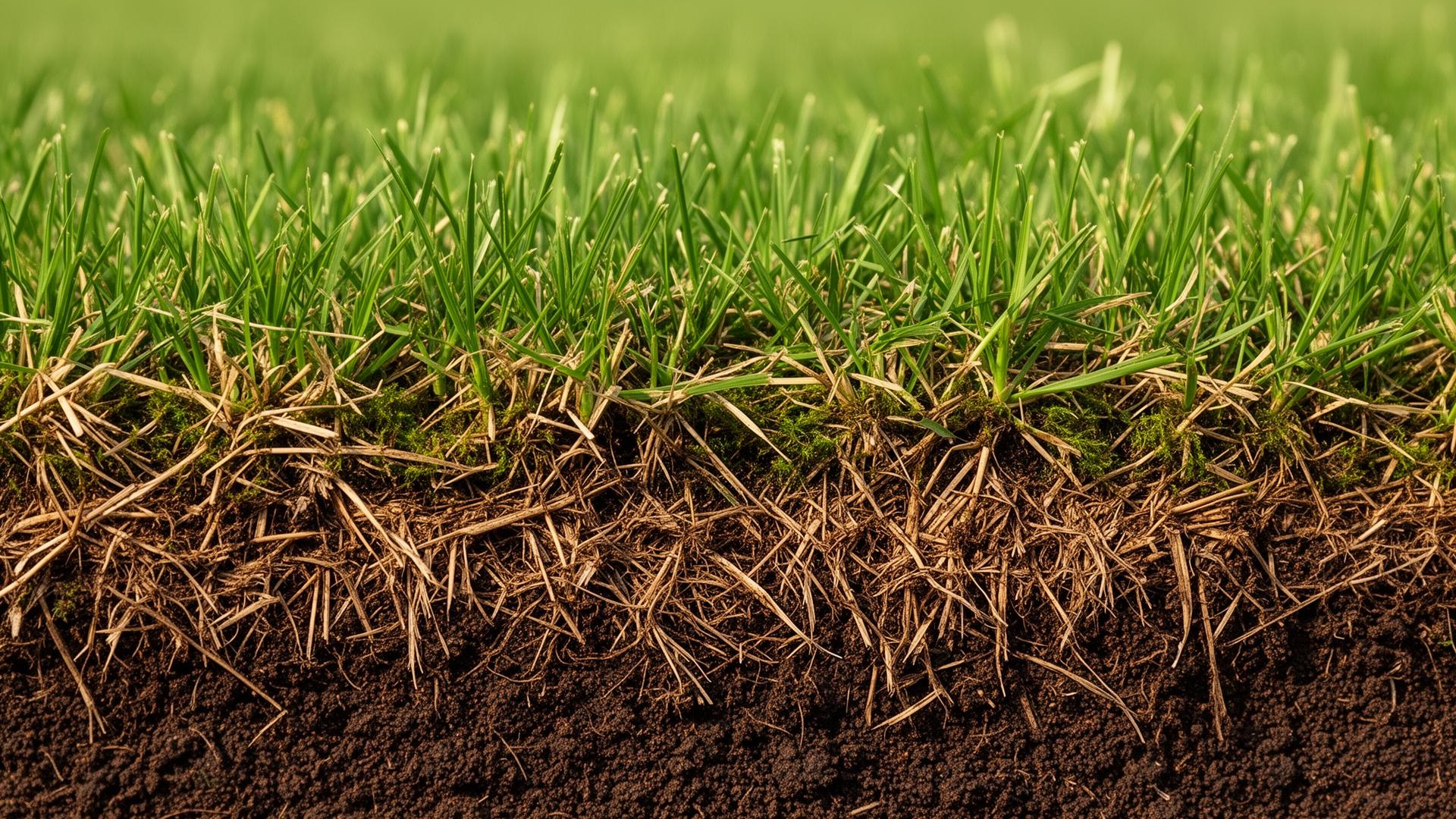 Detalle de sección del césped mostrando la capa de fieltro y musgo entre la hierba verde y el suelo