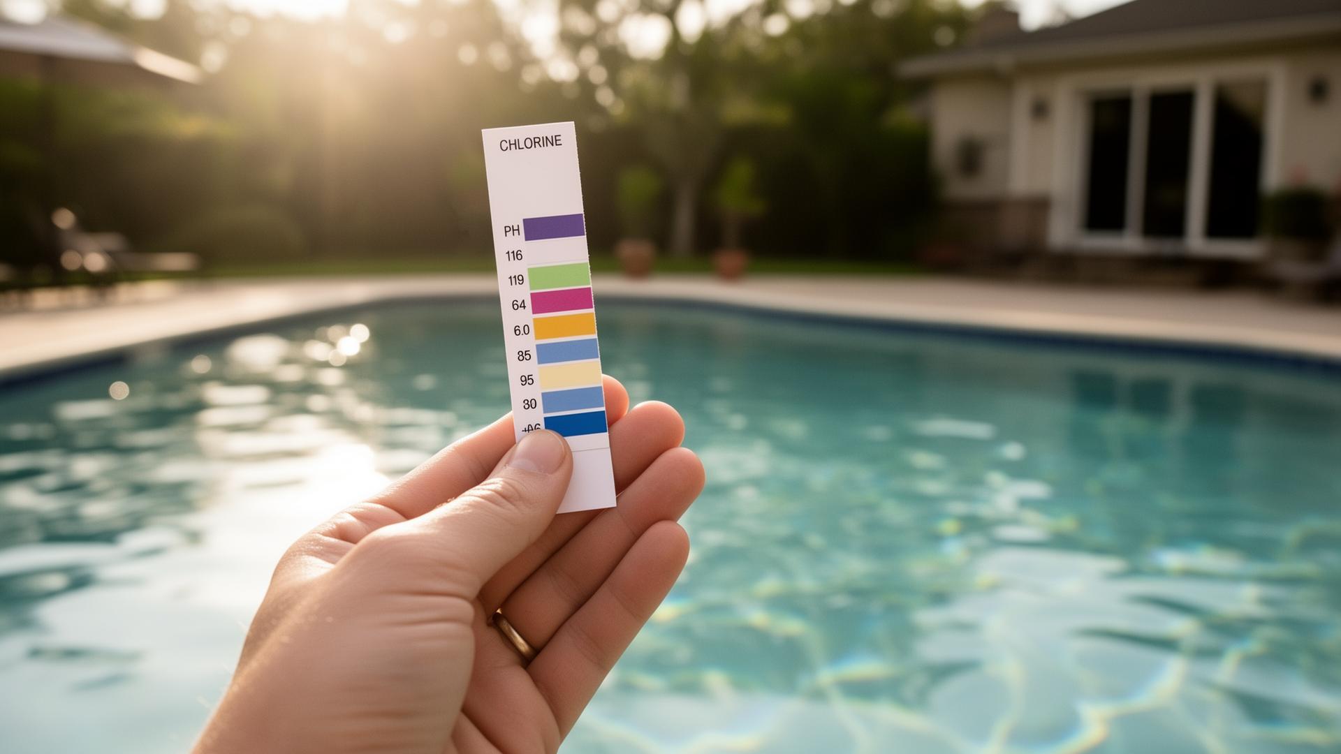 Mano sosteniendo una tira de test de pH y cloro junto al agua transparente de una piscina
