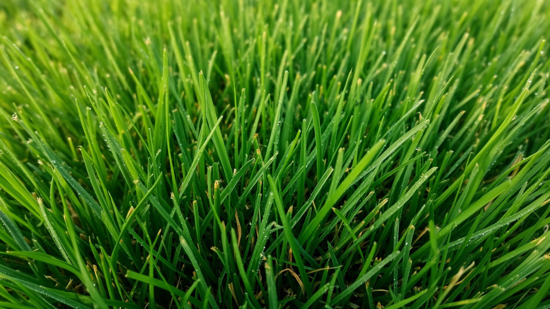Primer plano de un césped verde sano con gotas de rocío tras un riego matinal