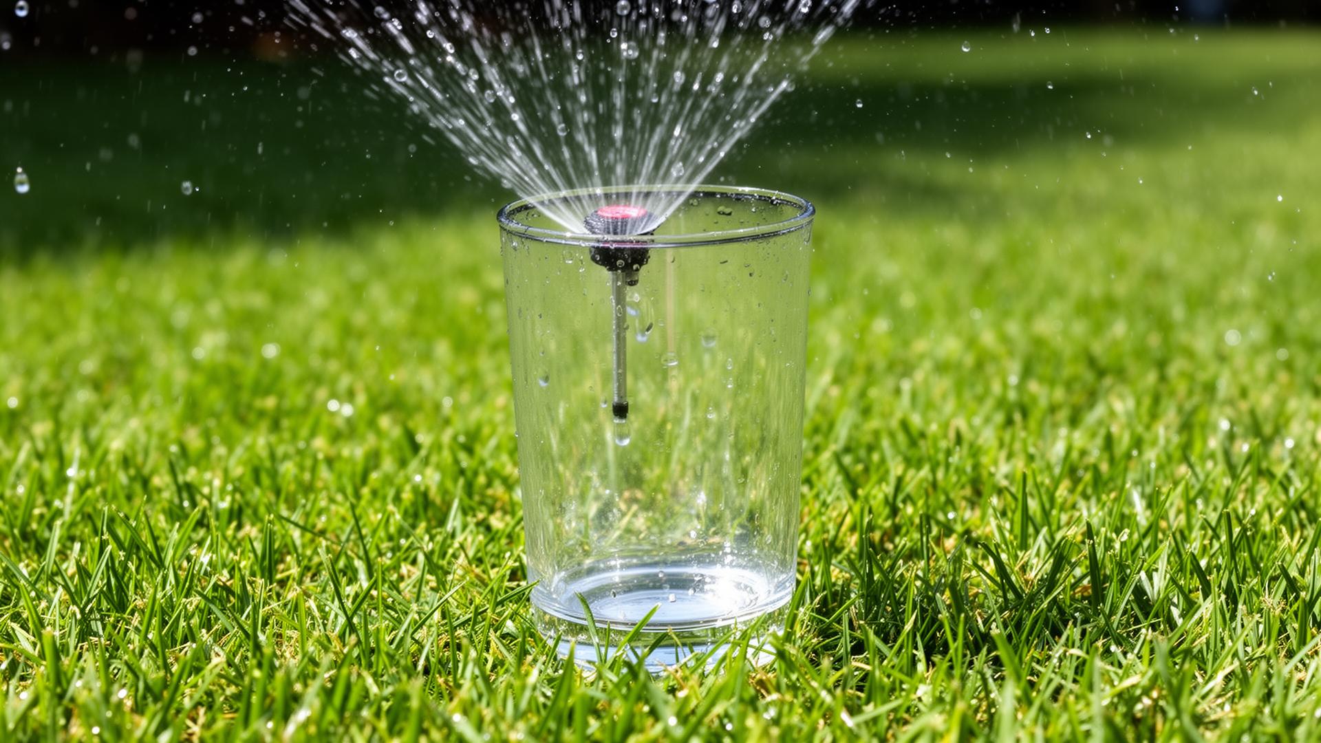 Vaso transparente colocado sobre el césped recogiendo agua de un aspersor para medir el riego