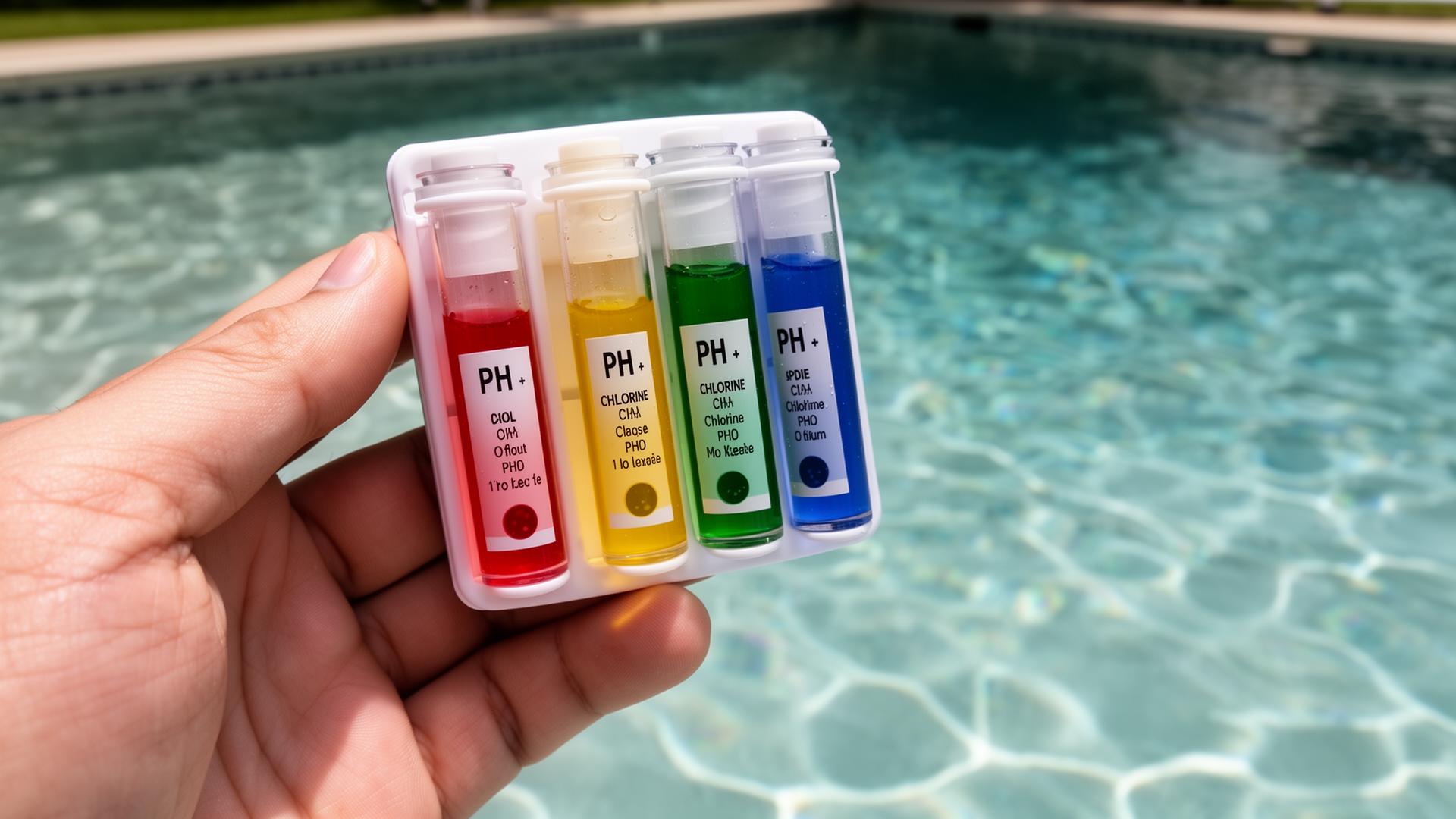 Mano sosteniendo un kit de test de pH y cloro junto a una piscina con agua transparente