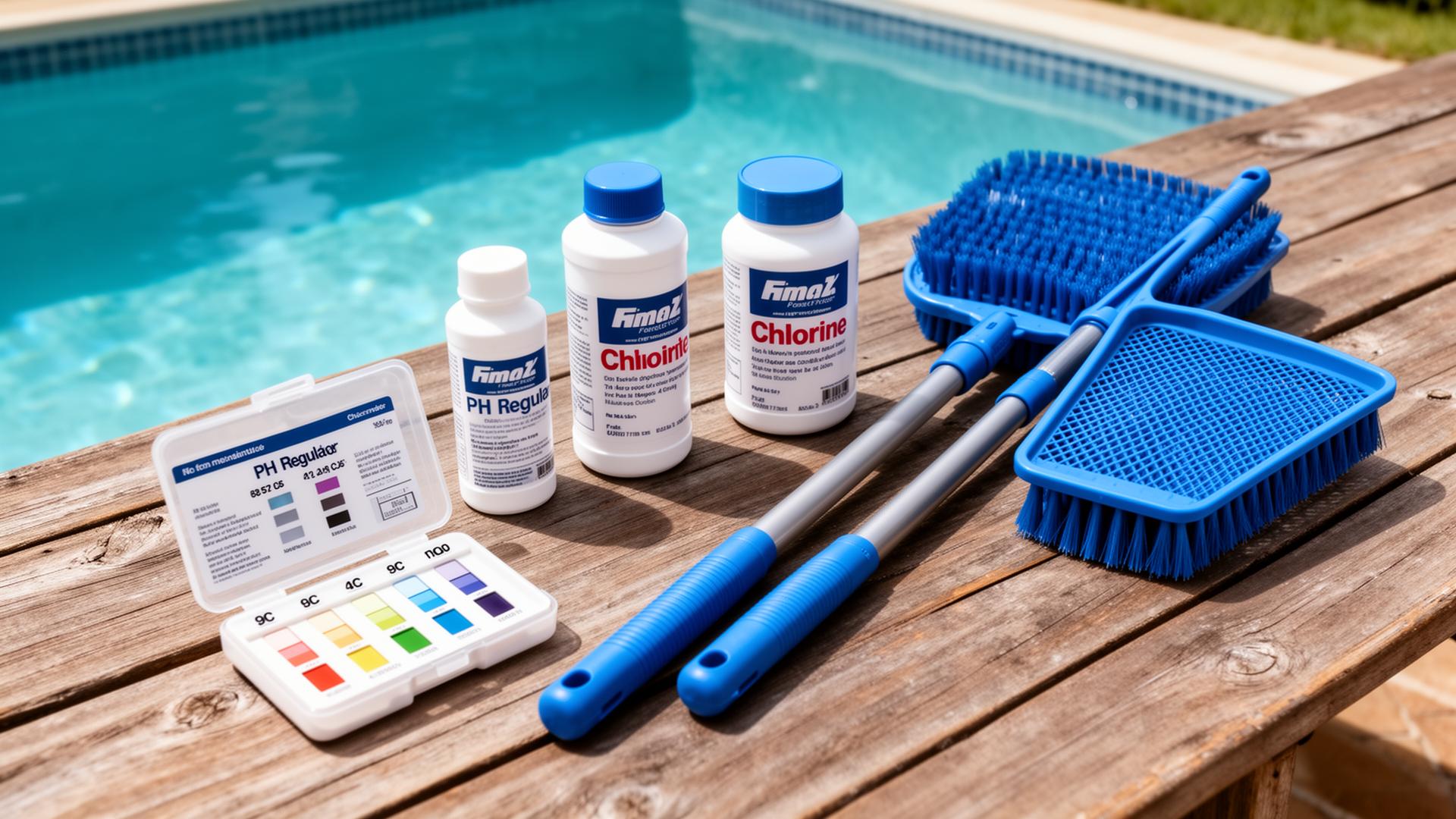 Productos básicos de mantenimiento de piscina: kit de pH, regulador, cloro, cepillo y red de superficie