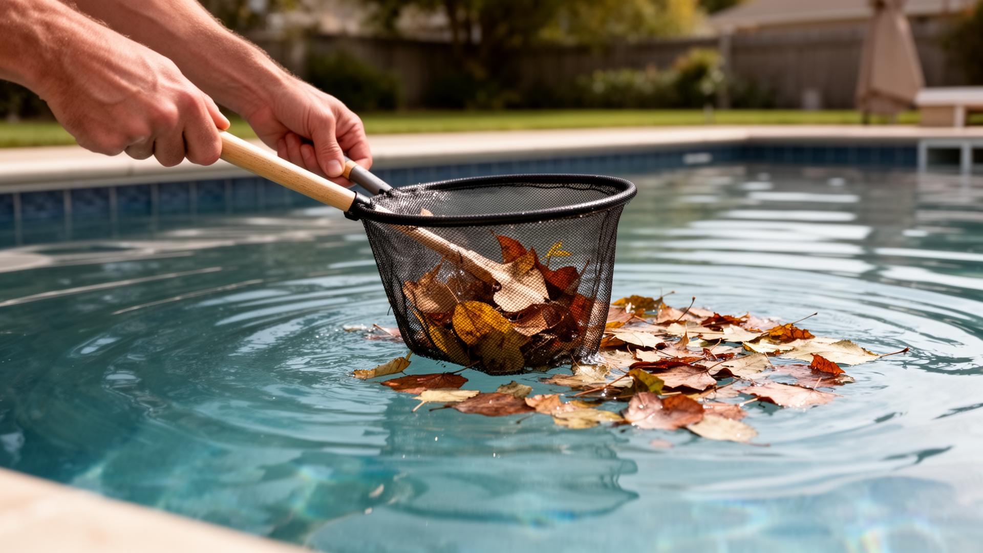Manos pasando una red de superficie para retirar hojas de una piscina residencial