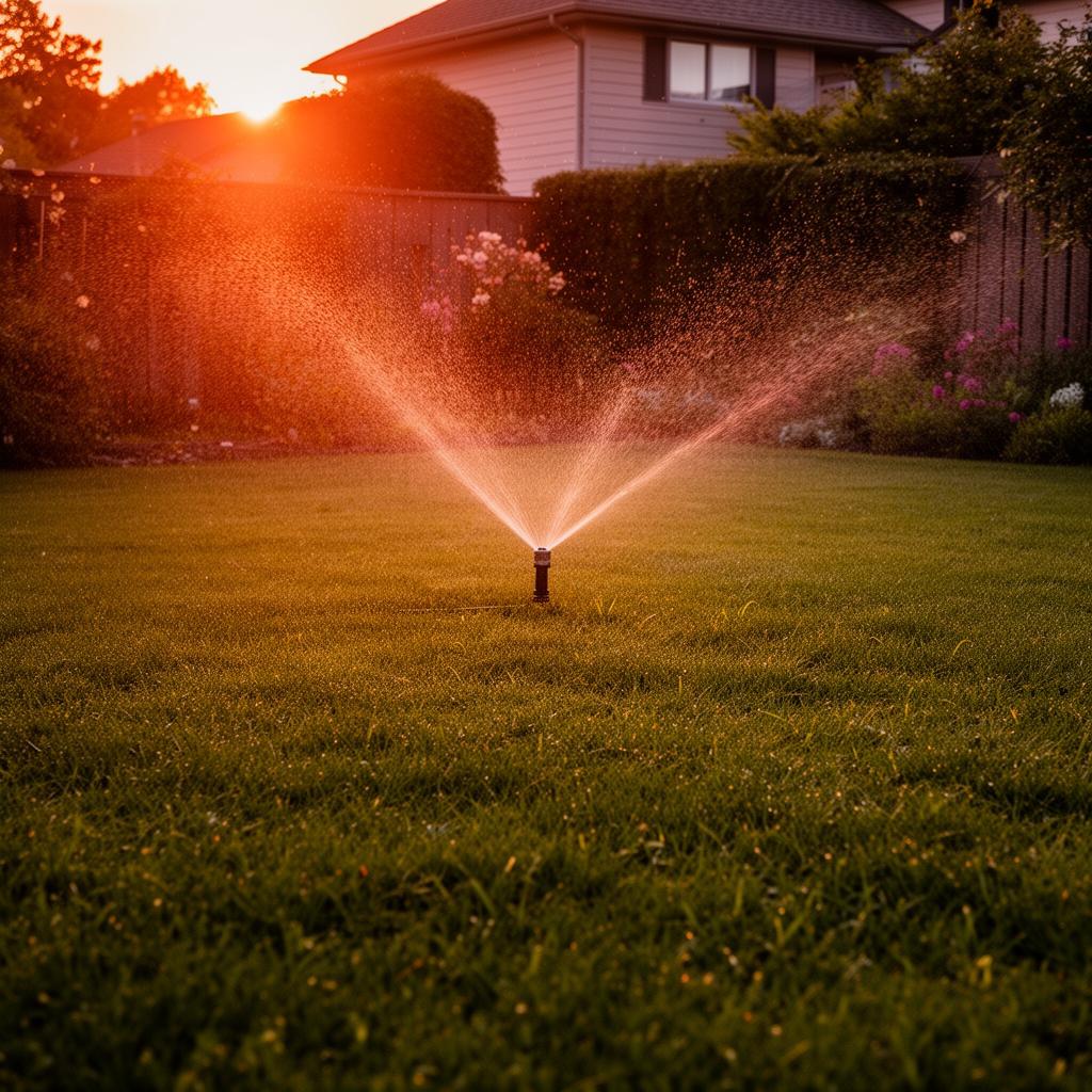 Aspersor regando un césped doméstico al atardecer, con luz cálida naranja del sol bajo