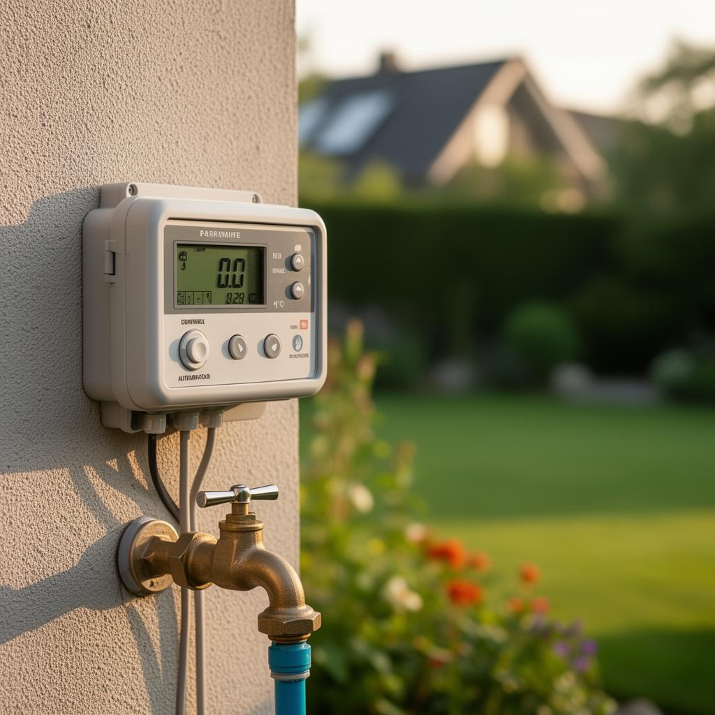 Programador de riego automático montado en la pared exterior de una casa con jardín al fondo