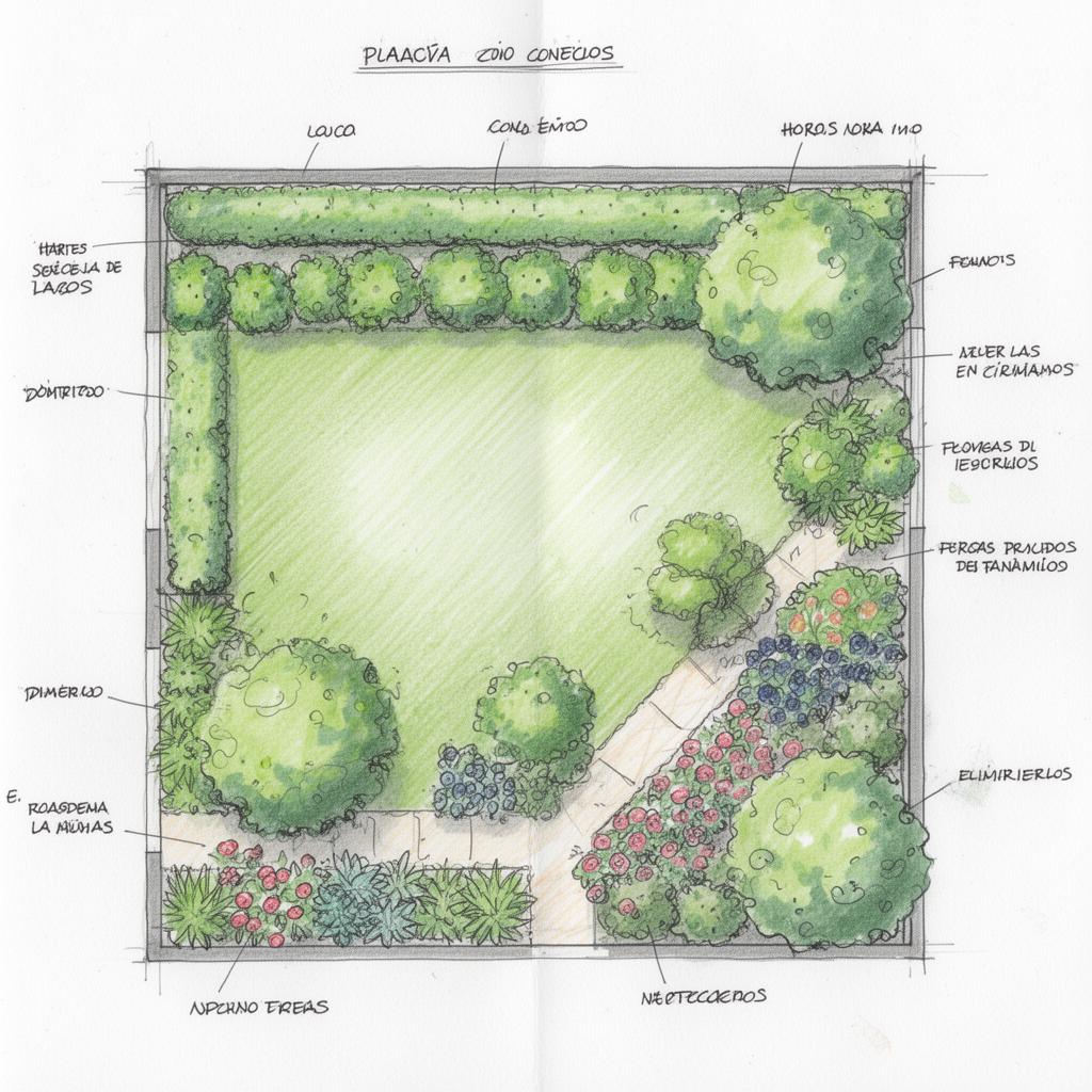 Plano dibujado a mano de un jardín doméstico con zonas de césped, setos, macizos y caminos señalizados