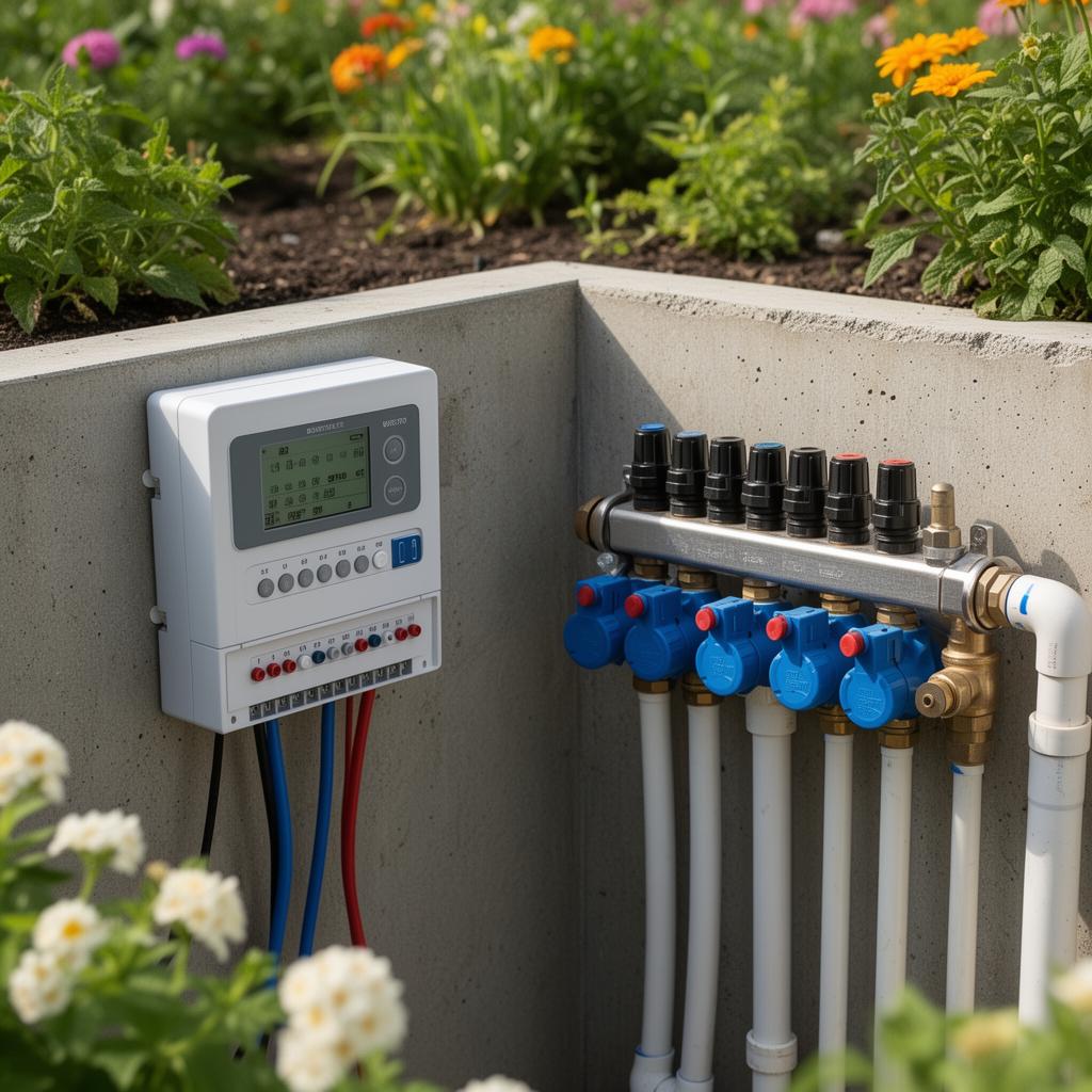 Programador de riego mural con electroválvulas y tuberías conectadas a varios sectores del jardín