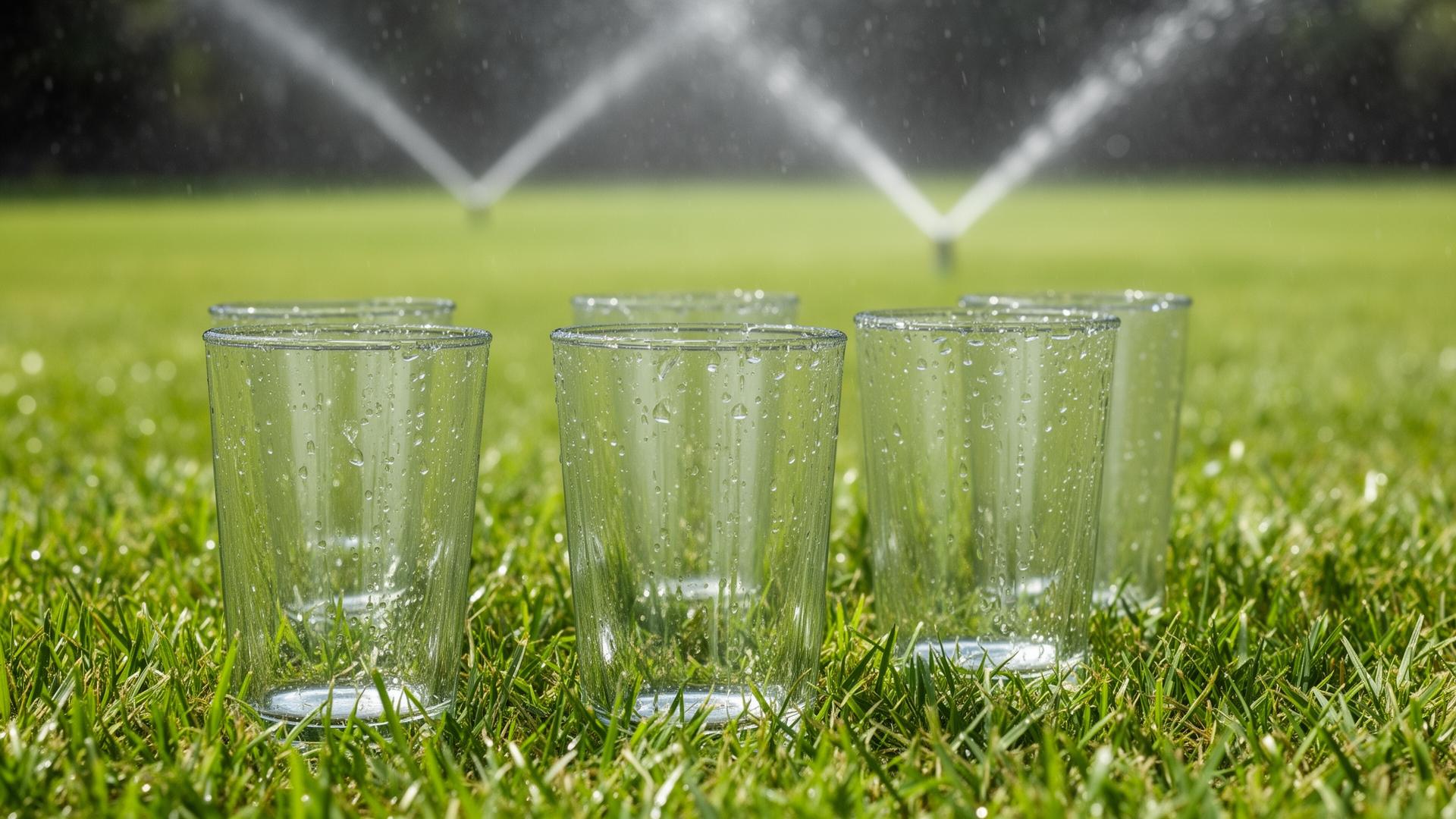 Vasos rectos colocados sobre el césped para medir la uniformidad del riego por aspersión