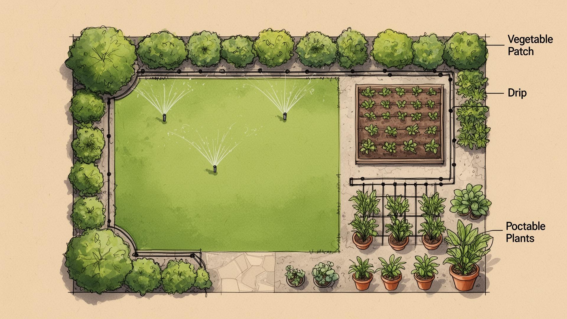 Esquema cenital de un jardín dividido en zonas de riego con césped, seto, huerto y macetas