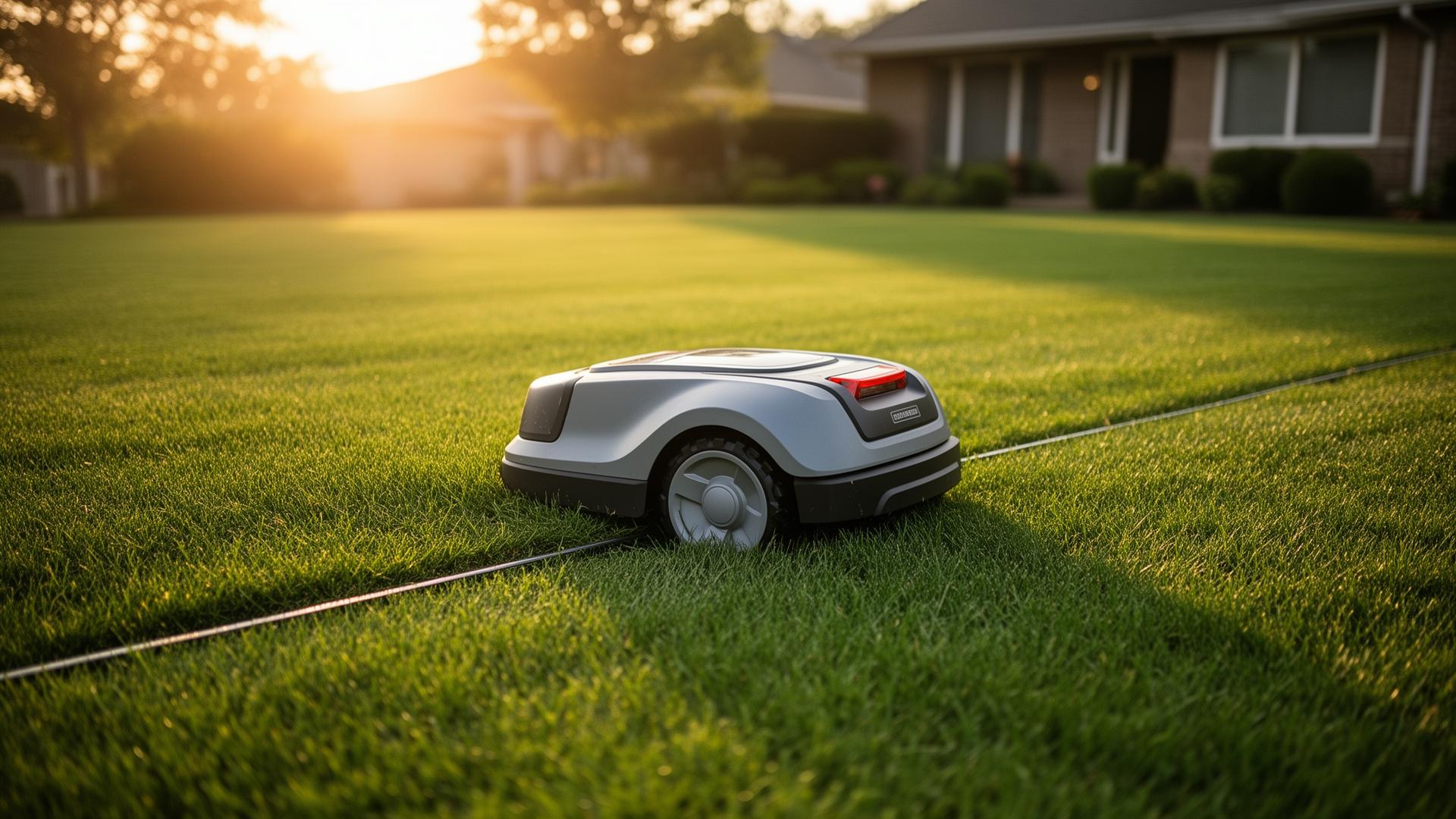 Robot cortacésped trabajando sobre un césped residencial con un cable perimetral visible junto al borde