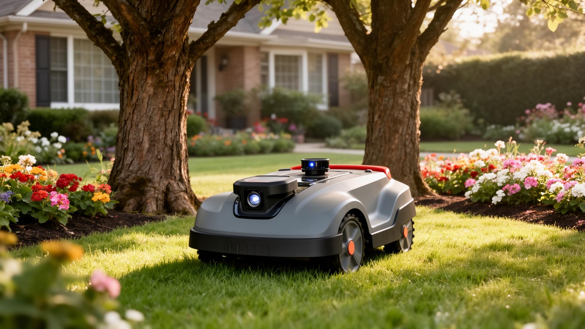 Robot cortacésped sin cable con sensor LiDAR y cámara frontal navegando entre árboles y parterres