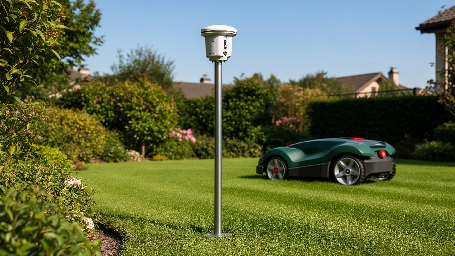 Antena RTK GNSS sobre un mástil instalada en un jardín, con un robot cortacésped sin cable trabajando al fondo
