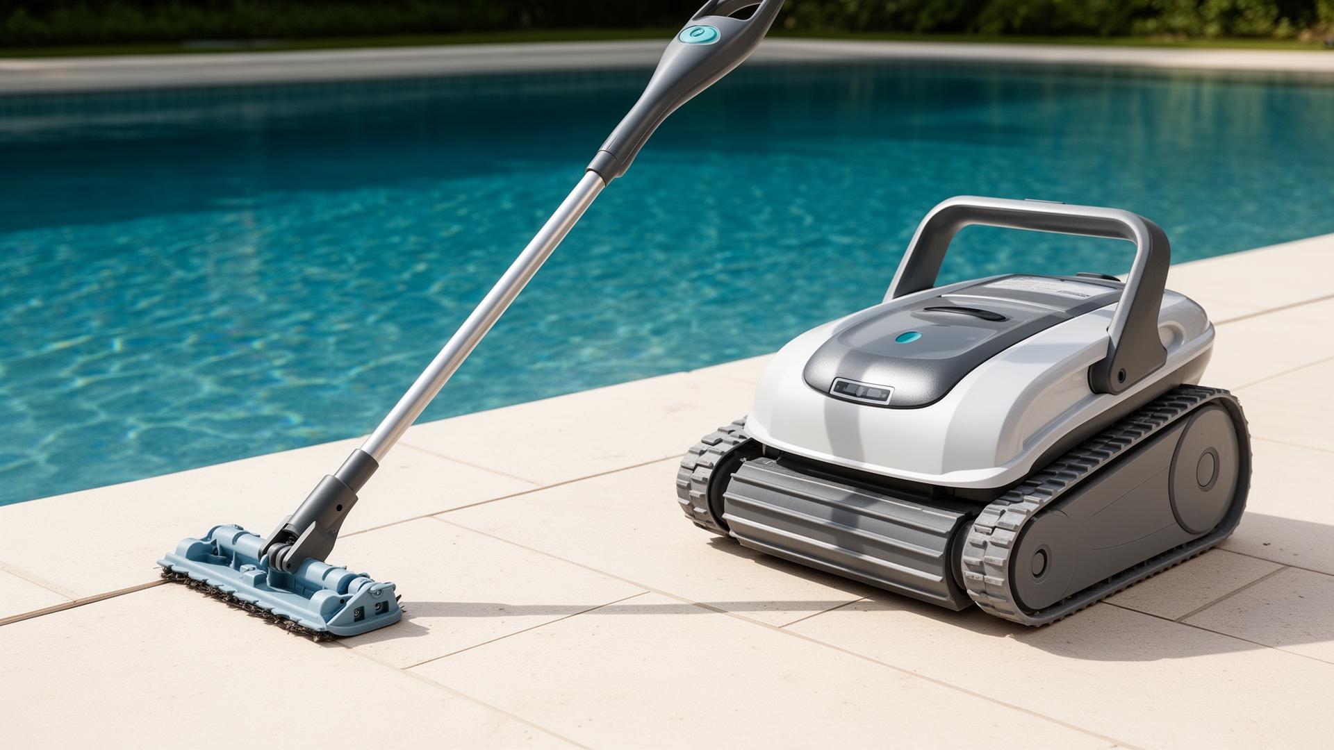 Limpiafondos manual con mango telescópico junto a un robot limpiafondos eléctrico al borde de una piscina