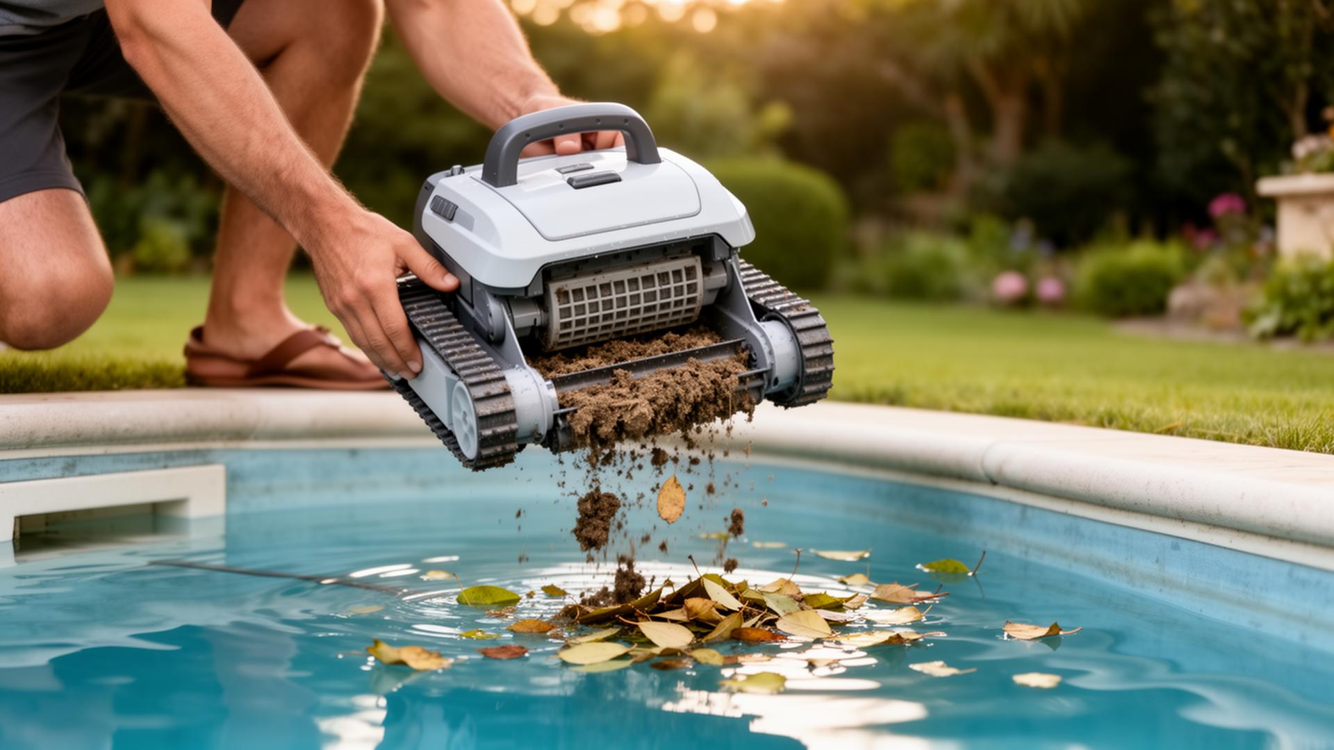 Persona sacando un robot limpiafondos del agua y vaciando el filtro interno lleno de arena y hojas