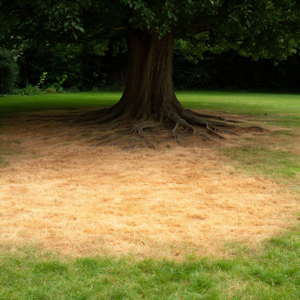 Zona seca y amarillenta de césped bajo un árbol grande con raíces superficiales visibles