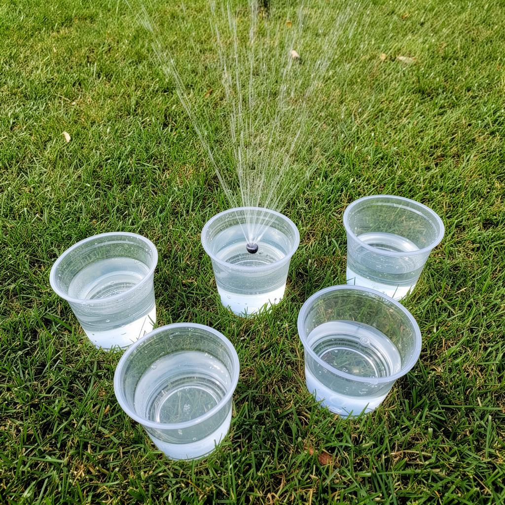 Vasos transparentes colocados sobre el césped recogiendo distintas cantidades de agua durante una prueba de riego